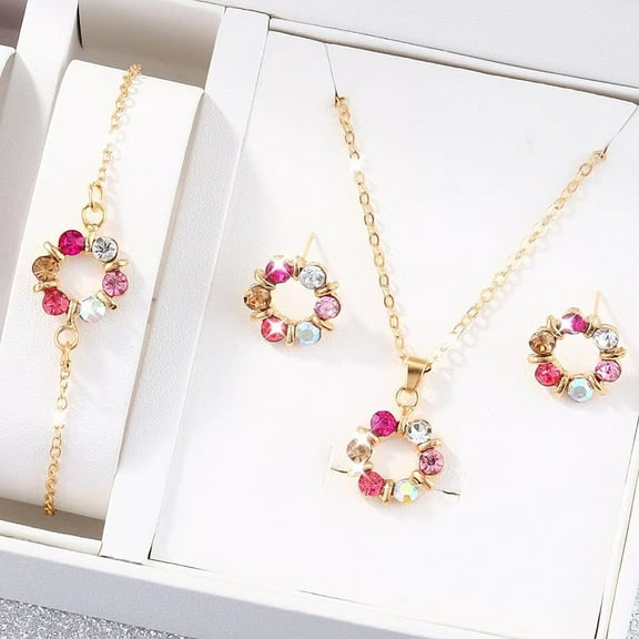 1 set Ring Alloy Rhinestone Pendant Necklaces Braceleta Stud Earrings sets Golden Necklace: 475mm long