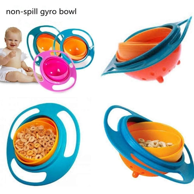 Cute Baby Rotating Bowl 360° Rotatable Spill Proof Bowl Gyroscopic Bowl with Lid. Features a vibrant Saturn-inspired design with a blue outer frame and orange inner bowl. The bowl rotates 360° to prevent spills, making it ideal for toddlers during mealtime. Made from durable, BPA-free, FDA-approved PP material, it is drop-resistant and easy to clean. Includes a secure lid for added convenience. Dimensions: 17 x 17 x 7 cm (6.69 x 6.69 x 2.75 in).
