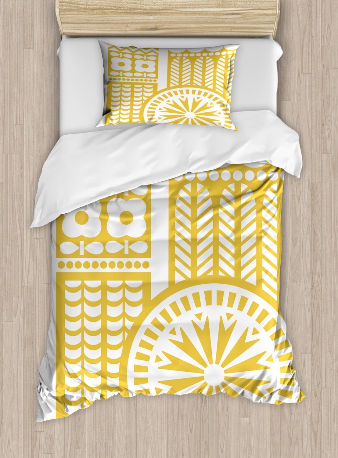 Yellow and White Twin Size Duvet Cover Set, Abstract Bird in