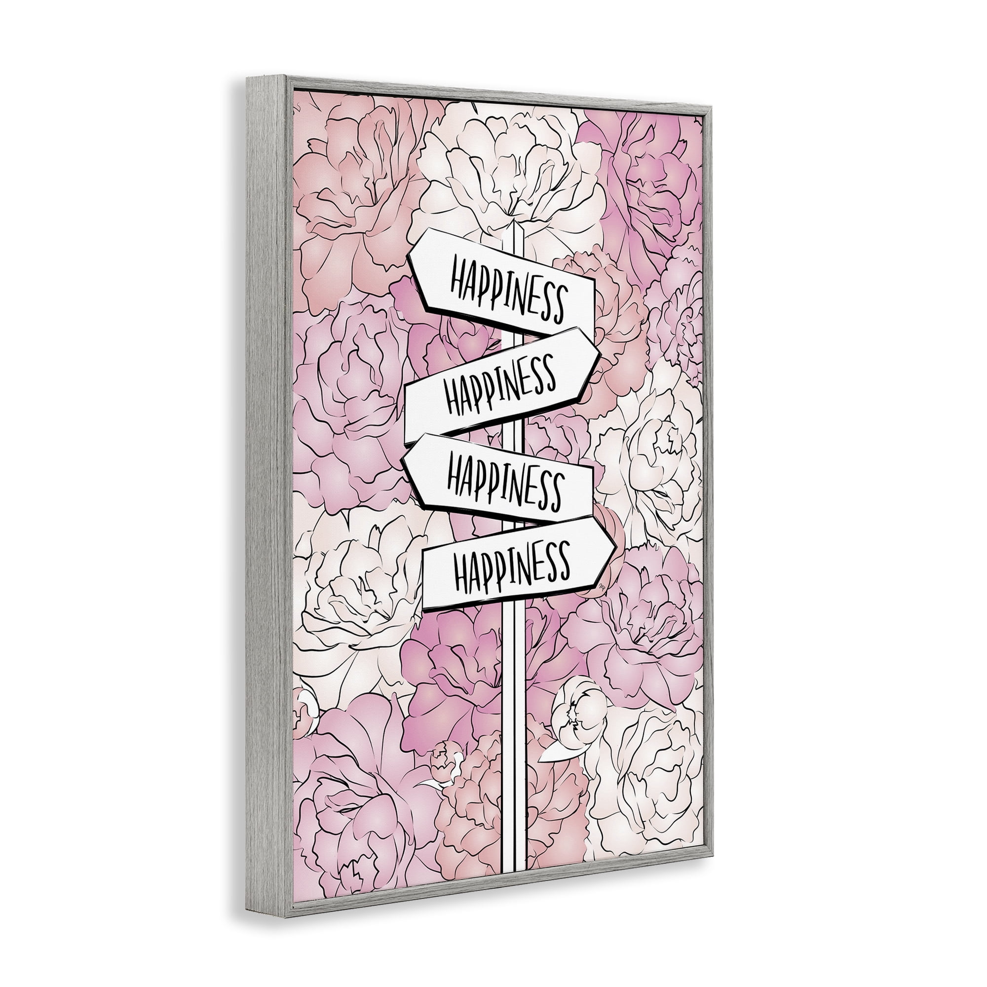 Stupell Industries Happiness Sign on Flowers Beauty & Fashion Painting Gray Framed Art Print Wall Art, 16 x 24