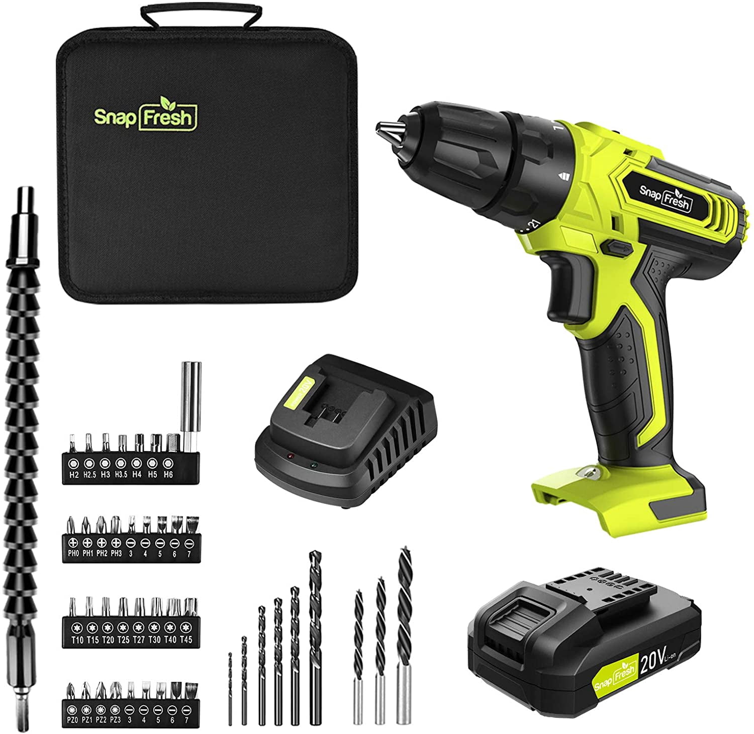 Snap Fresh 20 v, 2.0Ah Cordless Drill Driver, 21+1 Torque, 1400 RPM