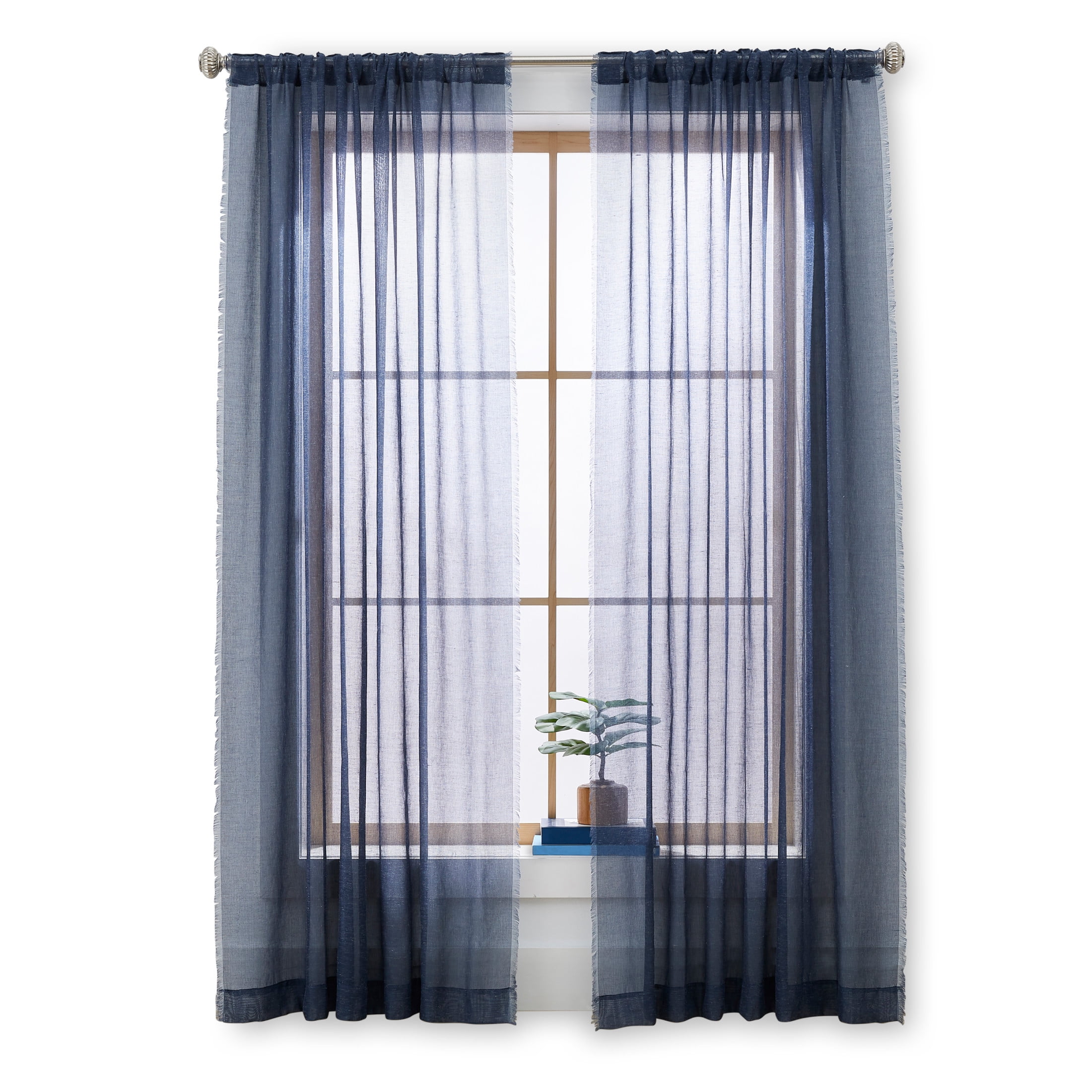 Better Homes & Gardens Solid Fringe Rod Pocket Curtain, Single Panel, Washed Indigo, 50 in W x 84 in L