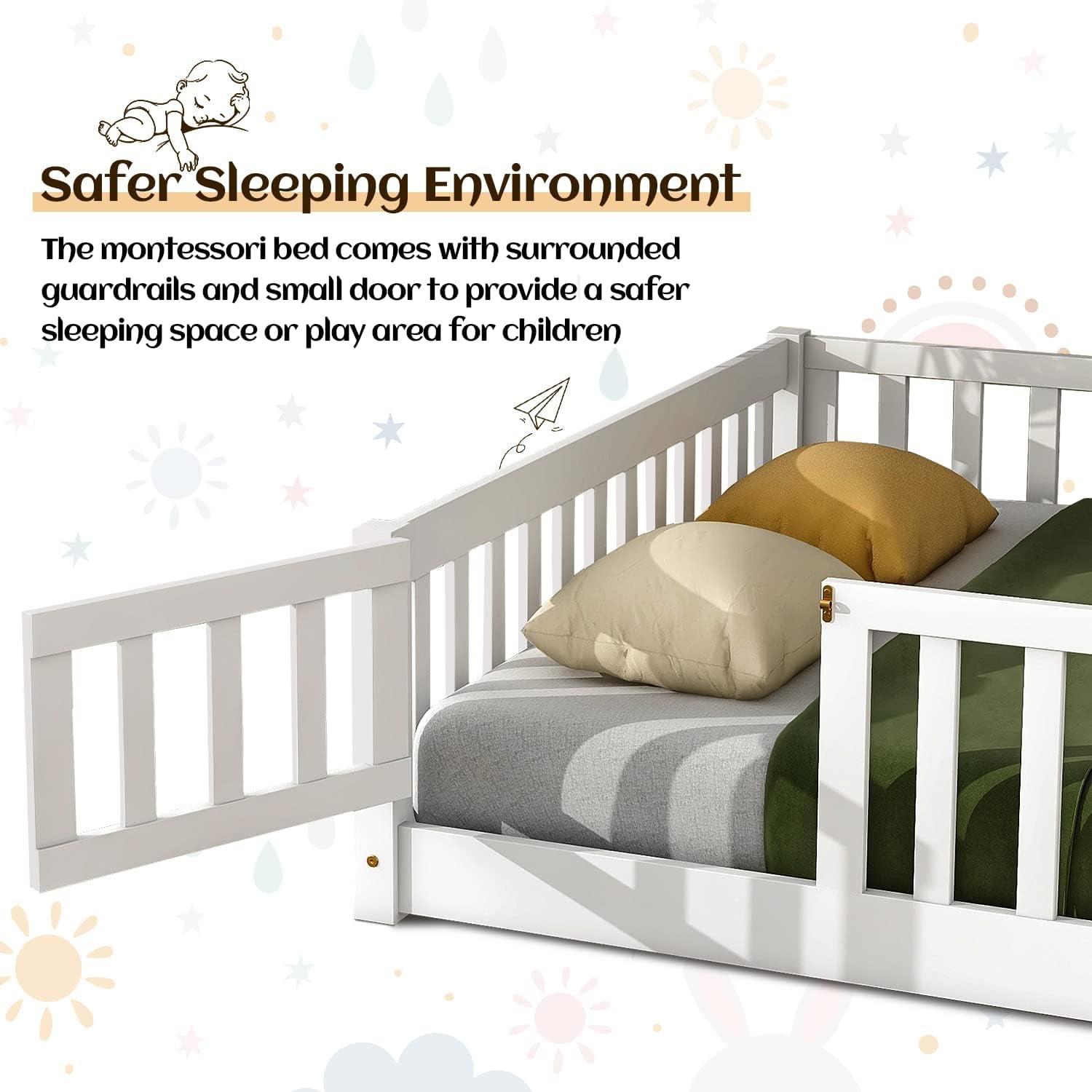 Twin Floor Bed Frame for Toddler, Montessori Floor Bed with Fence and Wood Slats, Low Wood Platform Beds for Girls Boys Kids Happy Time, White
