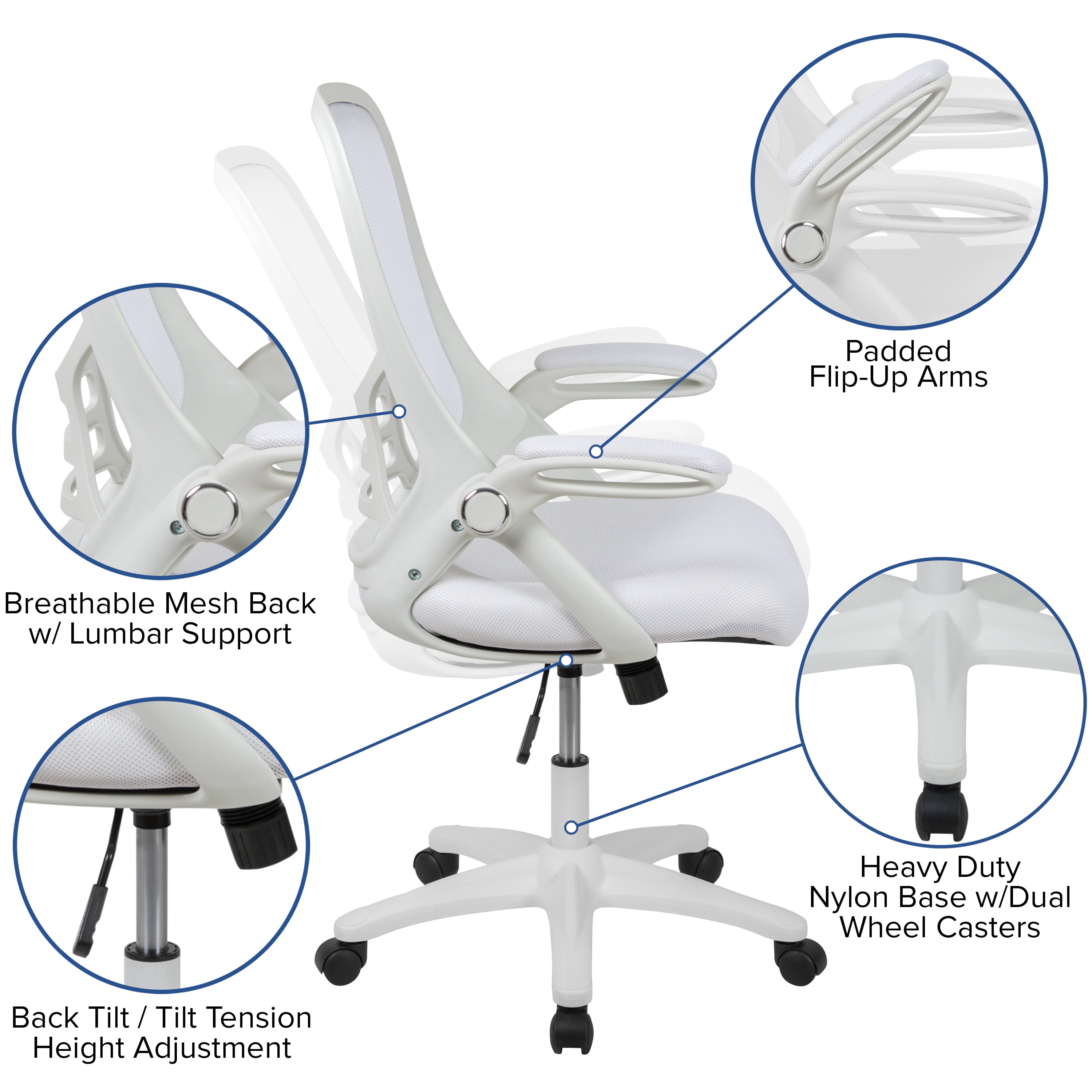 Emma + Oliver High Back White Mesh Ergonomic Office Chair with White Frame and Flip-up Arms