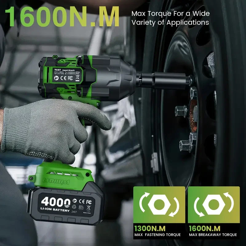 TaskStar 1/2" Brushless Electric Impact Wrench, 1180 ft-lbs (1600Nm) High Torque Power Torque Wrench with 4.0Ah Battery & 8 Sockets
