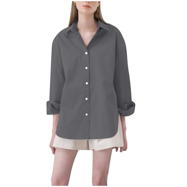 Bowake Button down Shirt for Women Lapel Long Sleeve Oversized Work Office Blouse Casual Solid Color Fall Tops
