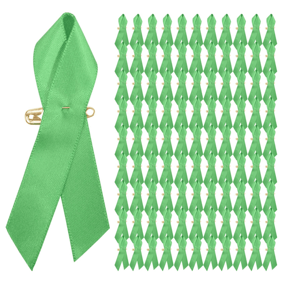 100 Pieces Awareness Ribbon Satin Lapel Pins Fabric Ribbons with Safety for Women Men (Green)
