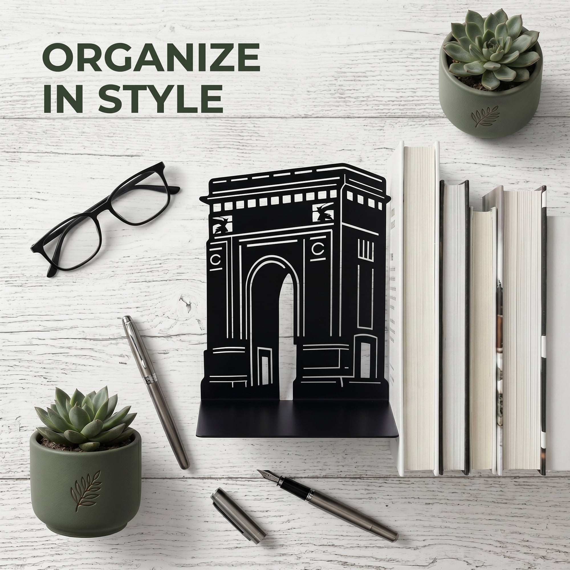 Unique Bargains 2Pcs Metal Hollow Design Book Ends Black Arc de Triomphe 7.9*4.3*6.7inch