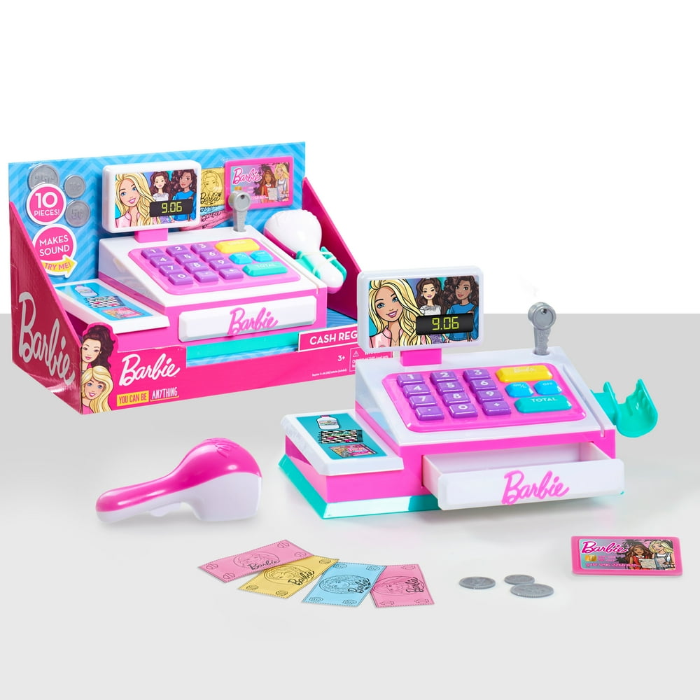 Barbie Cash Register with Sounds, 10Pieces, Role Play, Ages 3 Up And Up
