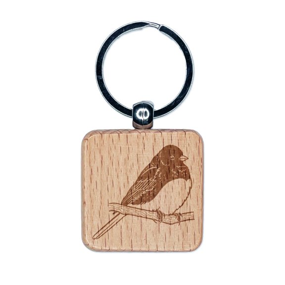 Perched Dark-Eyed Junco Bird Square Keychain Charm Tag - Engraved Wood