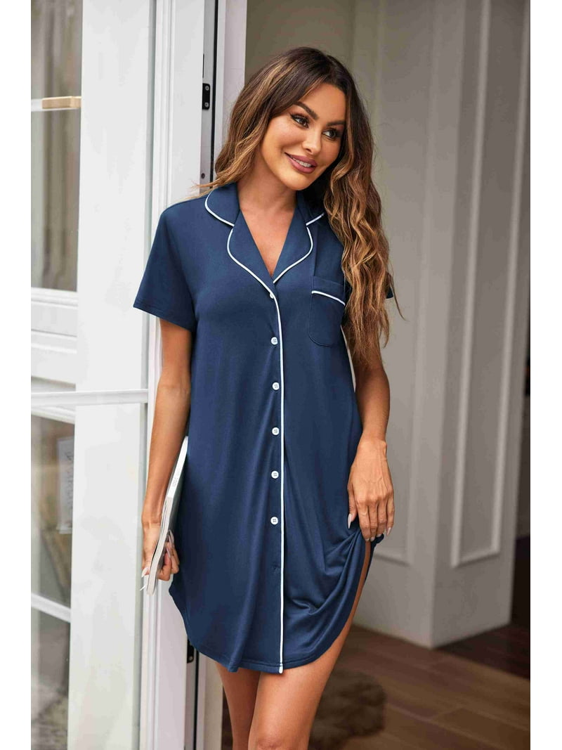 Ekouaer Womens Nightgown Button Down Sleepshirts Short Sleeve