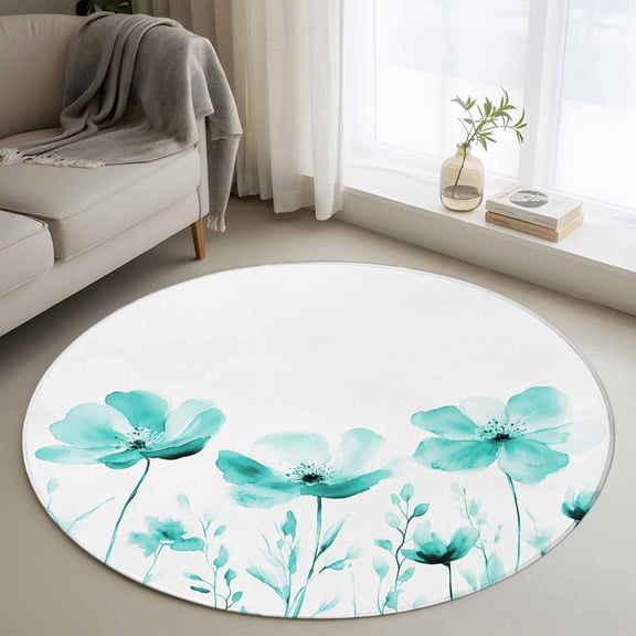 Round Rugs 3.3Ft, Teal Spring Floral Round Area Rug Washable Indoor Throw Carpet, Watercolor Botanical Summer Flower Soft Non Slip Circle Rug for Laundry Room Patio Home Decor Aesthetic