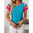 thumbnail image 3 of jinghuiyue Womens Cap Sleeve Tops Spring Summer Crew Neck Color Block Casual Knit T Shirts Lightweight Trendy Pullover Sweater Top L, 3 of 7