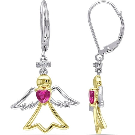 5/8 Carat T.G.W. Created Ruby and Diamond Accent Two-Tone Sterling Silver Angel Heart Earrings