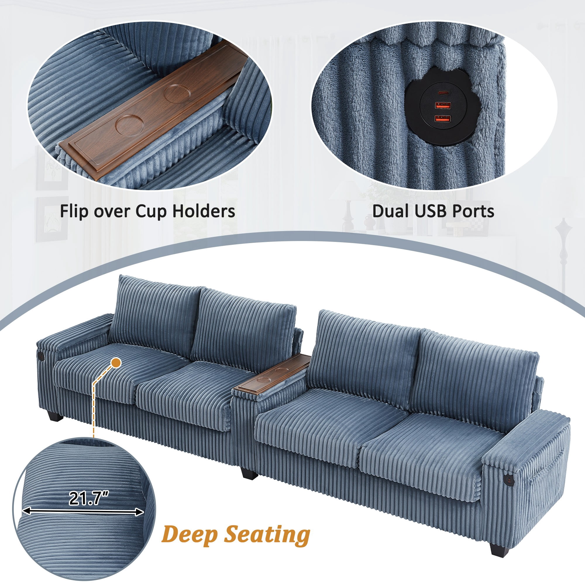 133" Modern Sofa,4-seater Corduroy Sofa Couch with USB Ports,Hidden Storage Arms, Flip-Top Cup Holders for Living Room,Blue