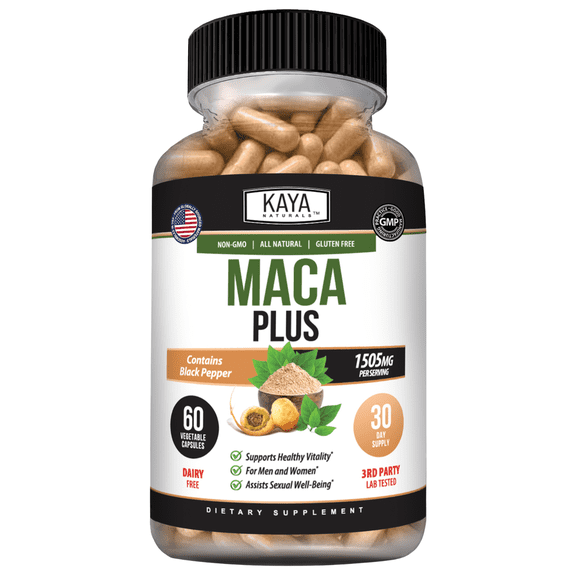 Kaya Naturals MACA Plus (60 Capsules) | Maca Root Capsules for Women and Men | Black Pepper with Red, Yellow, and Black Maca Root Powder | Natural Energy Supplement and Herbal Supplement