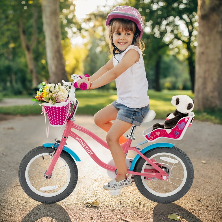 Honeyjoy 14 Inches Kids Bicycle w Training Wheels Basket for Boys Pink
