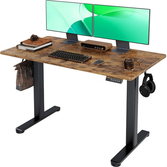 Electric Standing Desk, Adjustable Height Stand up Desk, 24x48 Inches Sit Stand Home Office Desk with Splice Board, Black Frame/Rustic Brown Top