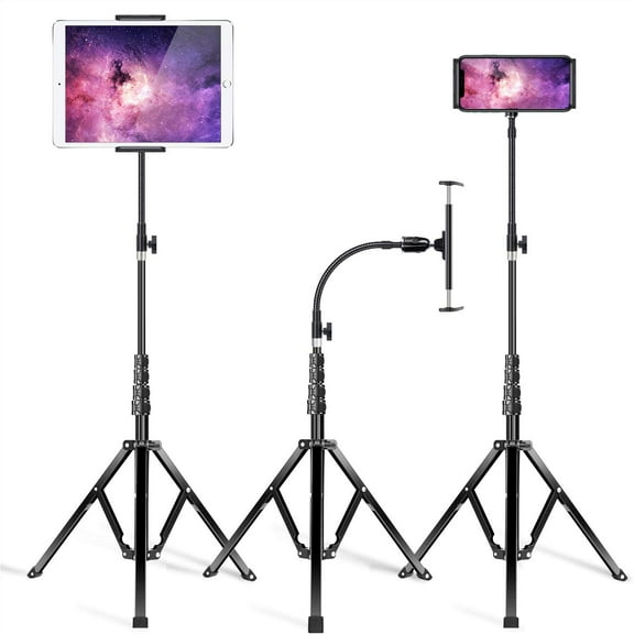 Metal iPad Tripod Stand & Adjustable 72 Gooseneck Tablet Floor Holder, Heavy Duty Aluminum iPad Floor Stand for Pro 12.9 11, Mini, Air, iPhone and 4.7-12.9" Tablets Cell Phones