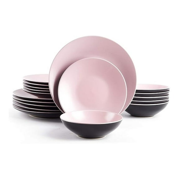 Stoneware Dinnerware Set 18pc - Two-Tone Black & Rose, Durable & Stylish Table Setting for 6, Dishwasher & Microwave Safe