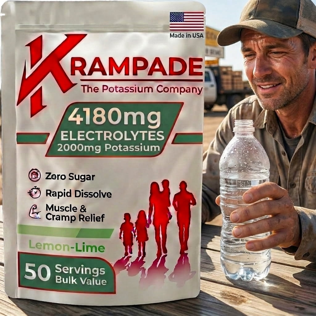 Krampade High Potassium Electrolytes Powder Zero Sugar Lemon Lime, Cramp Relief, Keto, 50 Servings