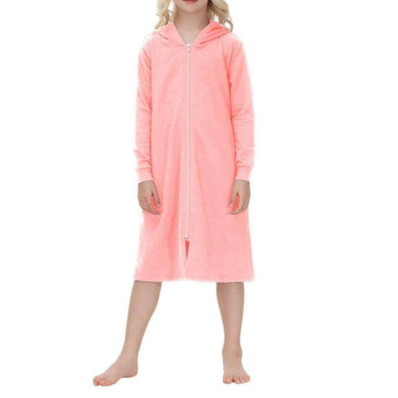 Hotiary Long Sleeve Hooded Zipper Sleeping Skirt for Girls Autumn and Winter Solid Color Casual Housecoat for 5-14 Years Kids Teen