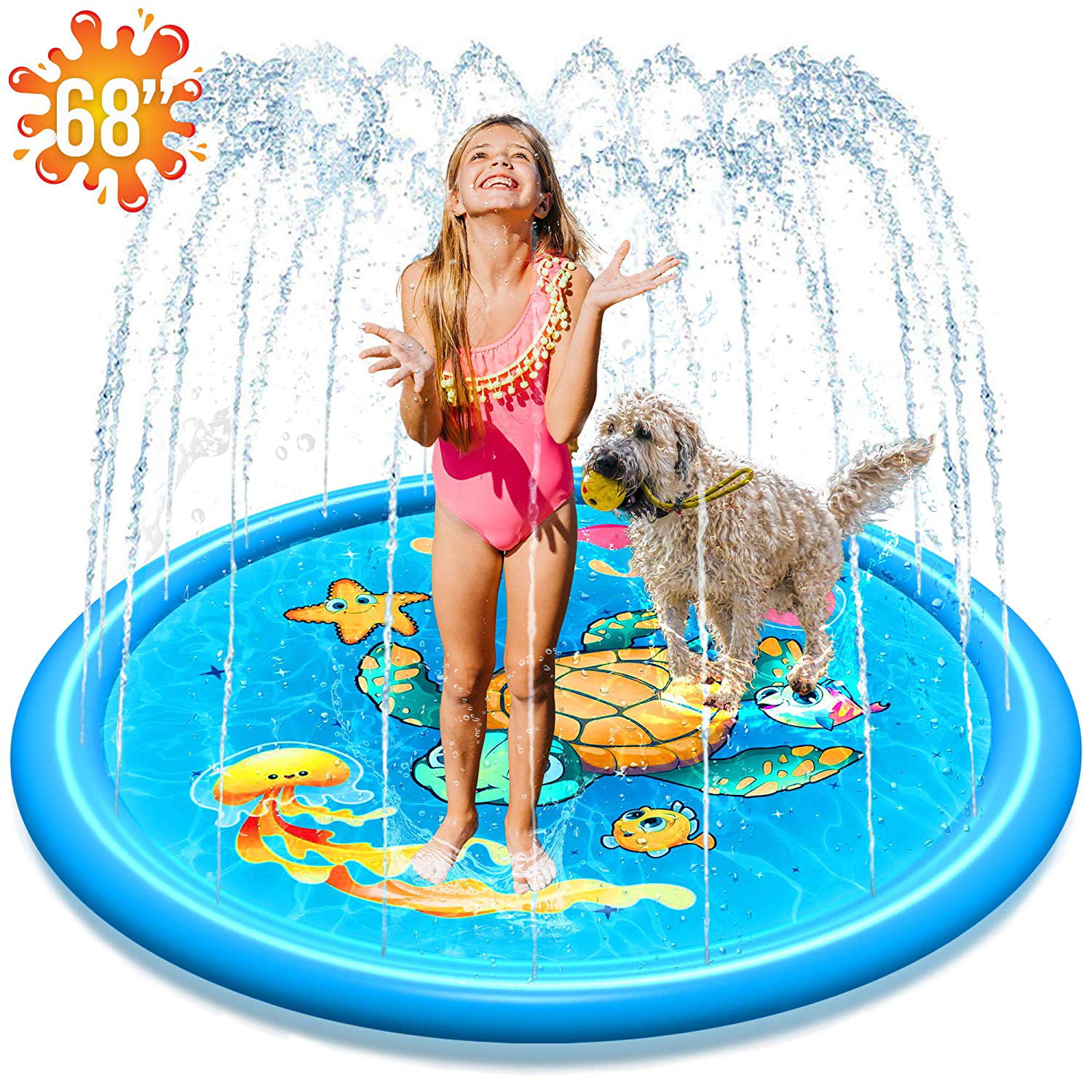 68" Splash Pad Sprinkler Play Mat for Kids Toddlers Dog Outdoor Pool Summer Toy 
