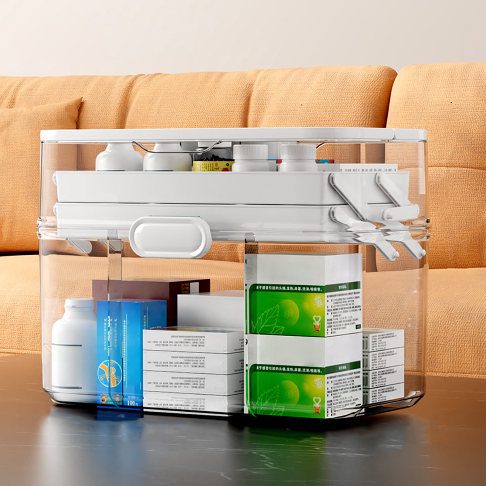 OIUR 3-Tier Portable Medicine Storage Box Large Capacity Dustproof Transparent Visual Design Multipurpose Pill Organizer