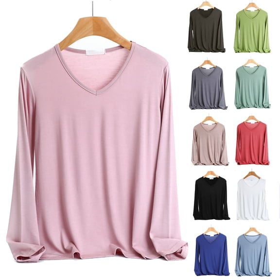 Tqyyweavej Basic Long Sleeve Shirts for Women V Neck Loose Casual Blouses Fitted Workout Tops Tees Gifts for Women Size M to 2XL