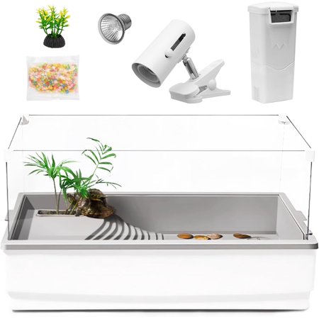 Turtle Tank Aquarium, Reptile Tank Habitat Kit, Acrylic Turtle Tank Starter Kit with Multi-Function Area, Water Filter, UV Basking Platform Light for Turtles, Cray, Fish, Small Reptile