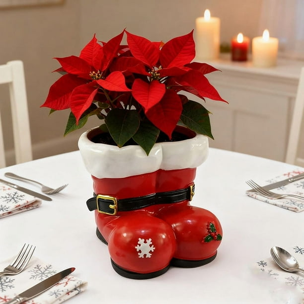 Elementos De Escritorio Maceta navideña con forma de botas de Papá Noel, de resina roja y blanca, Rkxzt