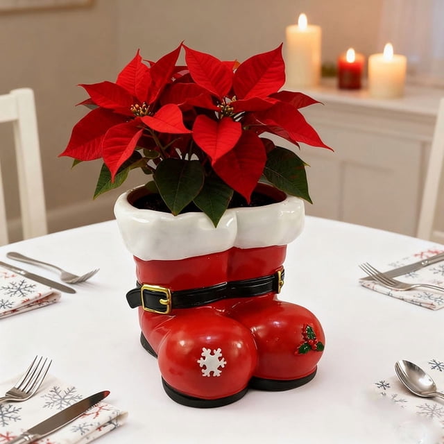 Red and White Resin Santa Boots Planter with Snowflake Accents for Indoor Holiday Decor