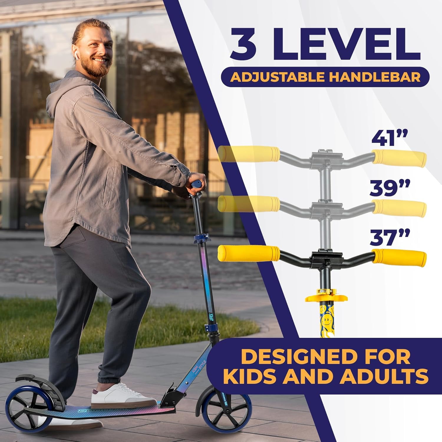 Outdoor Cruiser Kick Scooter for Ages 6+, for Kids, Teens, and Adults, Max Load 250 LBS, Foldable, 8-inch Big Wheels, Dual Suspension, 3 Adjustable Levels, Child Safety Approved, Yellow