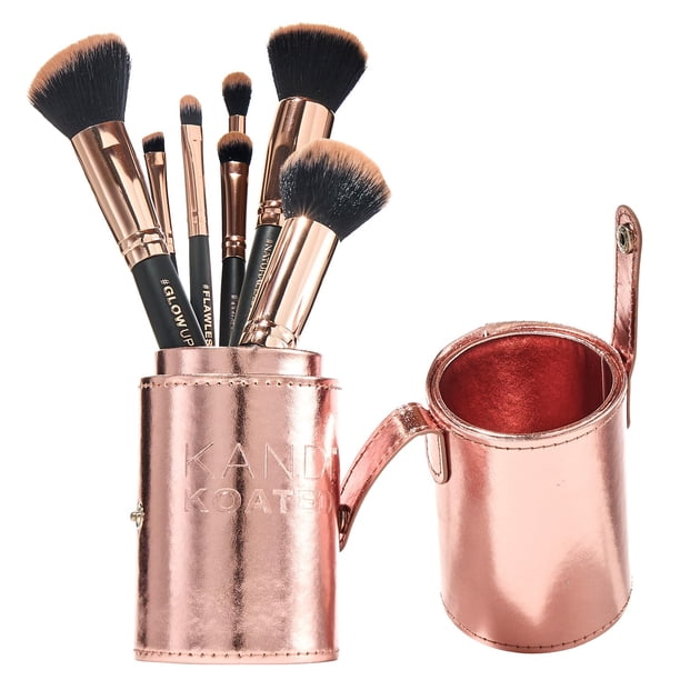 Set de brochas de maquillaje Kandi Koated con funda de piel sintética en oro rosa