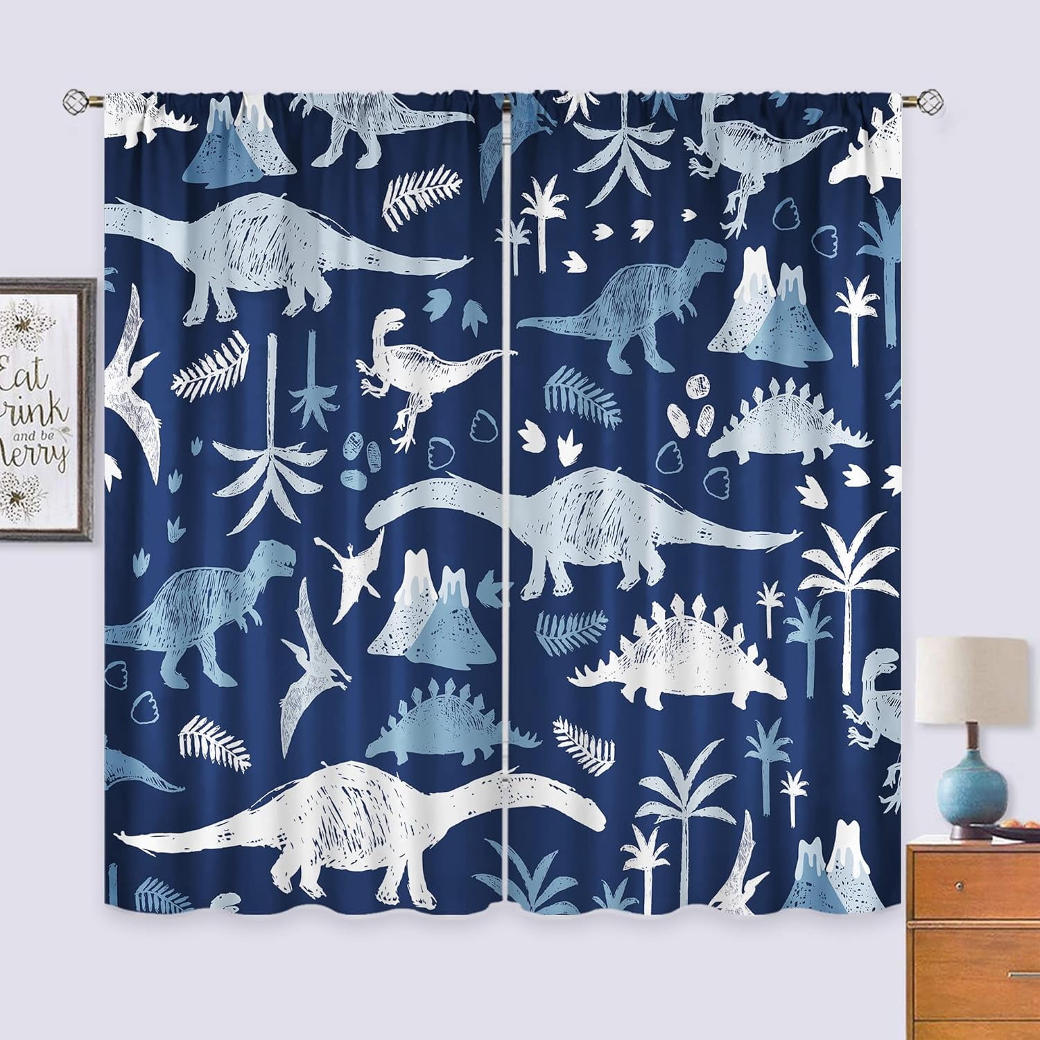 Cartoon Kids Blue Grey Dinosaur Curtains 42Wx63H Inch Rod Pocket Boys Cute Dino Safari Wildlife Child Funny Animal Palm Tree Printed Living Room Bedroom Window Drapes Treatment Fabric 2 Panel