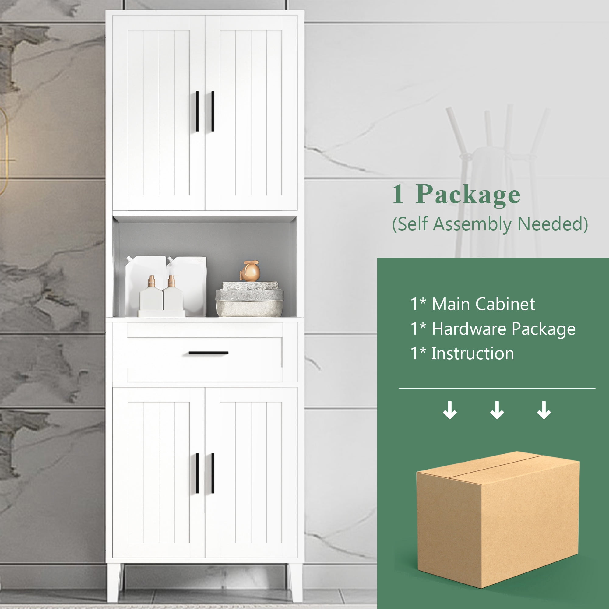 Euroco Tall Bathroom Storage Cabinet with Adjustable Shelves, Soft-Close Doors, and Drawer, Water-Resistant Finish