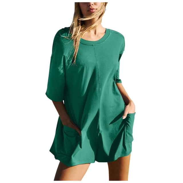 Women Summer Casual Rompers - Short Sleeve Backless Loose Athletic Beach Shorts Jumpsuit, Polyester Material, Comfortable for Daily Wear