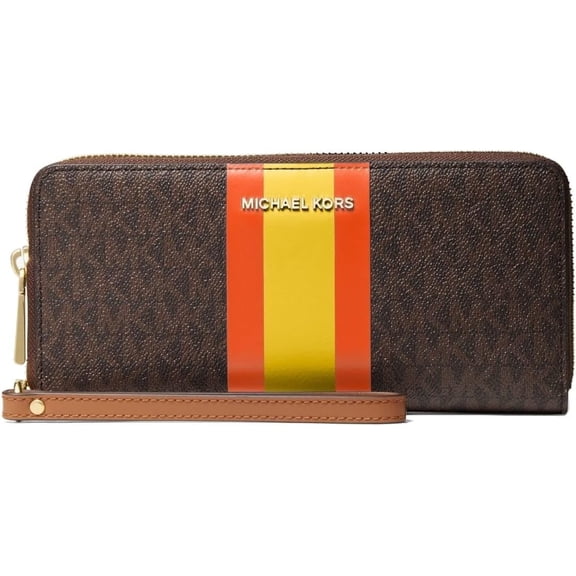 Michael Kors Large Logo Stripe Continental Wallet Wristlet,Brown/Poppy