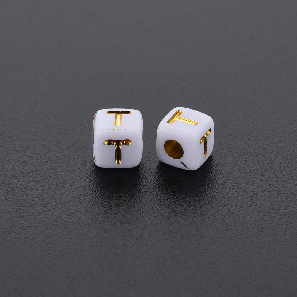 Opaque White Acrylic Beads Metal Enlaced Cube with Letters Letter.T 4.5mm Hole: 2mm 5000pcs/500g