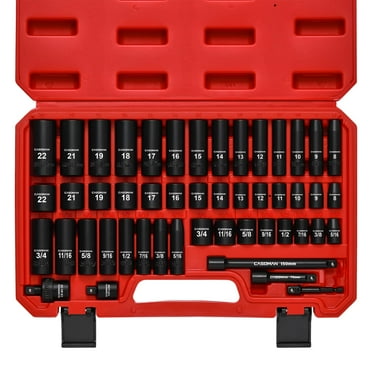 CASOMAN 3/8-inch Drive Impact Socket Set, 48 Piece Standard SAE and Metric Sizes (5/16-inch to 3/4-inch and 8-22 mm), 6 Point, Cr-V Steel Socket Set