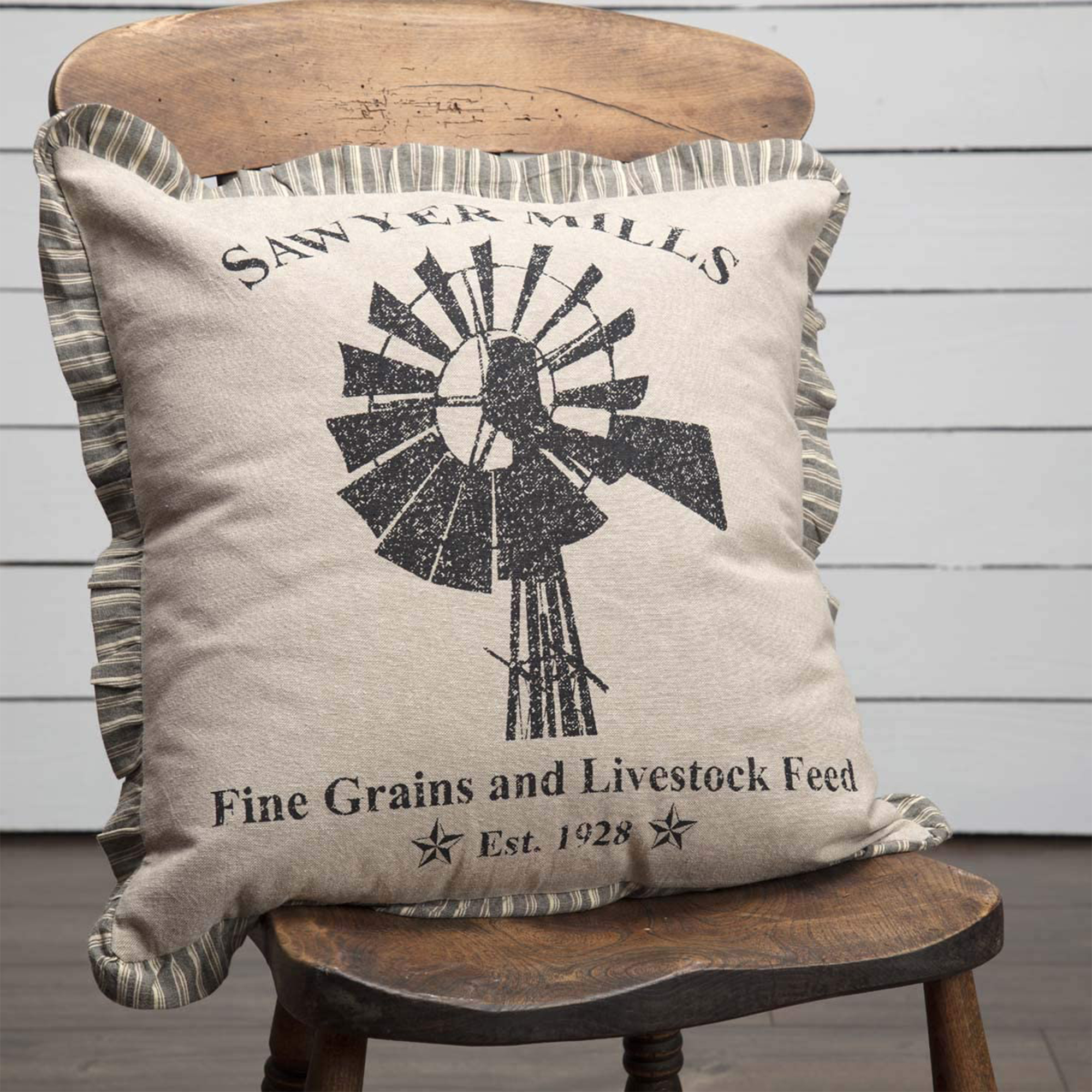 VHC Brands Sawyer Mill 18x18" Square Accent Throw Pillow, Windmill, Charcoal