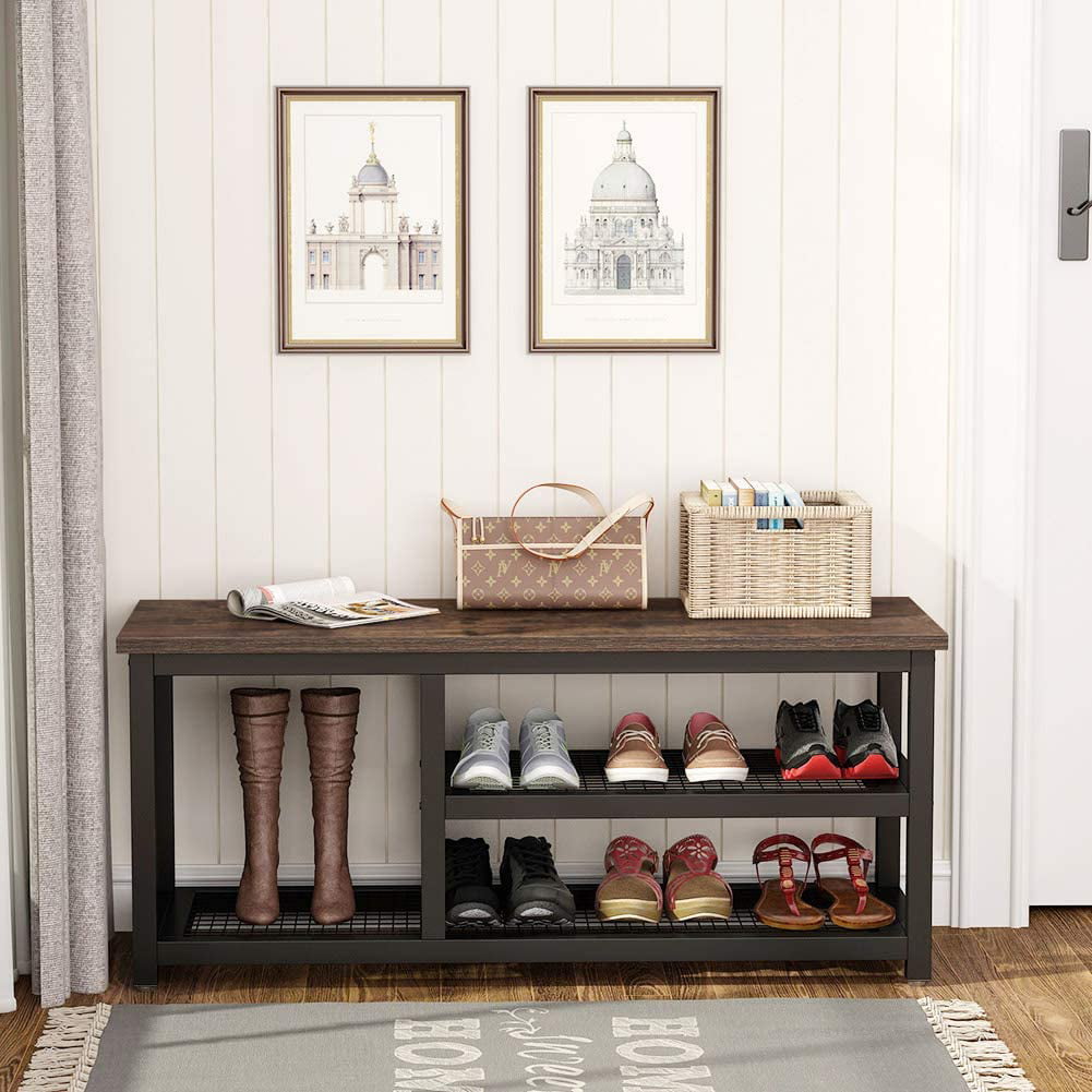 Shoe Rack Bench Shoe Organizer Storage Shelf 3-Tier Shoes Storage Bench with Iron Frame for Entryway Bathroom Living Room Corridor Entryway Hall by Tribesigns