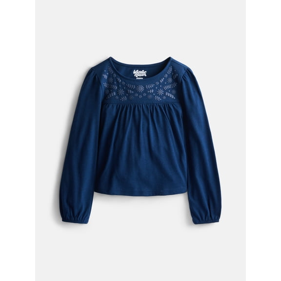 Wonder Nation Girls Puff Print Top with Long Sleeves, Sizes 4-18