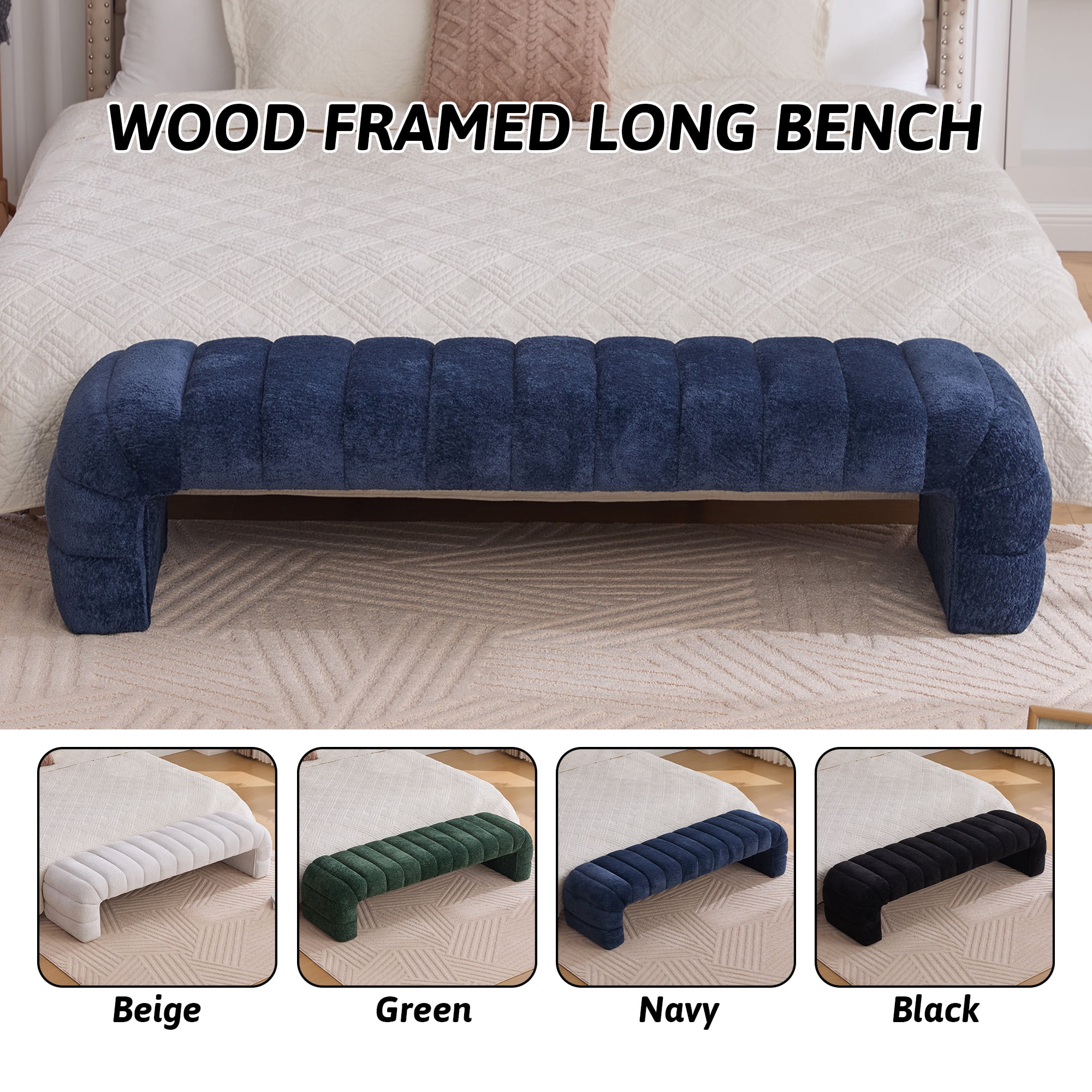 HIUU 70"Blue Bench for Bedroom,Bed Benches for Foot of Bed with Streamline Design,Fabric Ottoman Bench with Soft Teddy Fabric,Modern Bedroom Benches for Living Room and Bedroom, Entryway