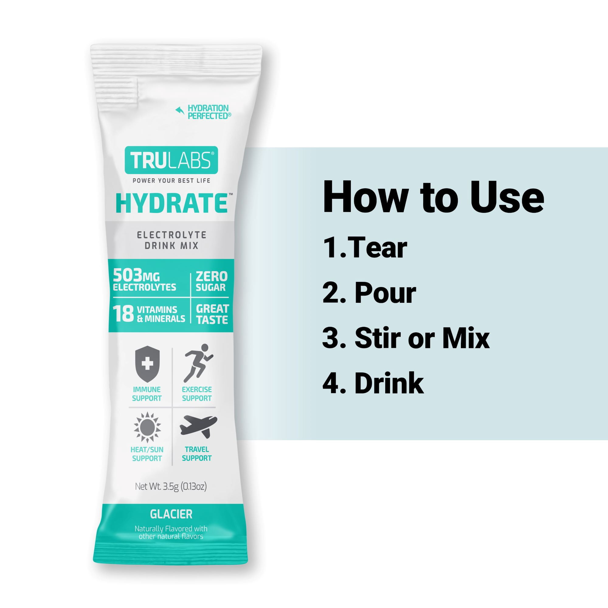 TruLabs Hydrate Glacier Electrolyte Powdered Drink Mix, Sugar-Free, 16 Sticks