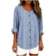 thumbnail image 1 of Camiseta de Lino de Color Sólido Casual de Manga Larga de las Mujeres con Botones Decorativos Y Cuello Redondo, Acento a Rayas para el Uso Diario de Primavera, Túnica de Moda, 1 of 7