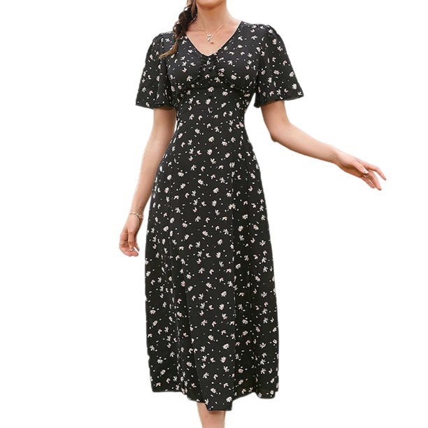 Vestido De Mujer Vestido de gasa de manga corta floral con cuello en V para mujer Cgtredaw Para estrenar
