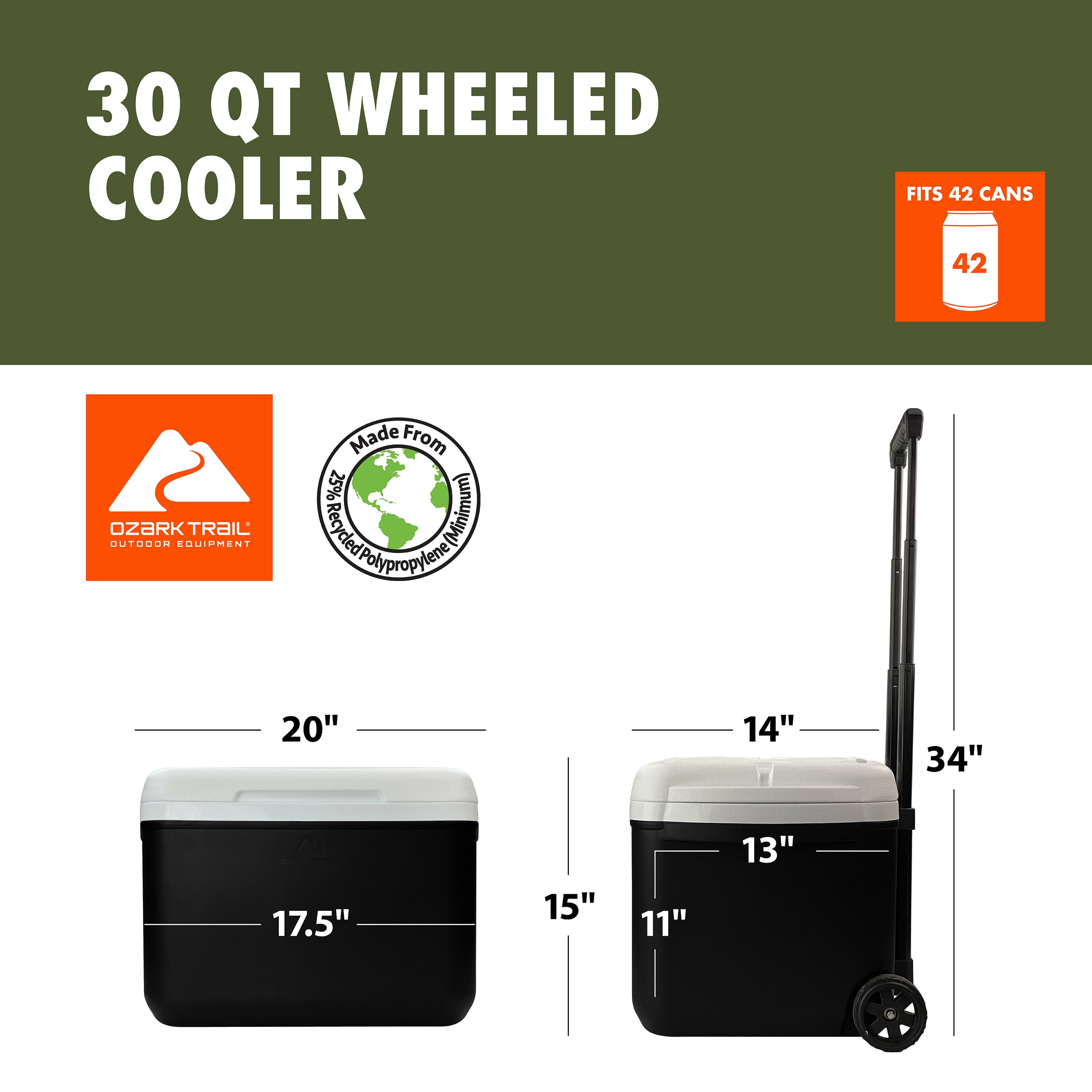 Ozark Trail 30 Quart Capacity Hard Side Wheeled Cooler, 42-Can, Rich Black