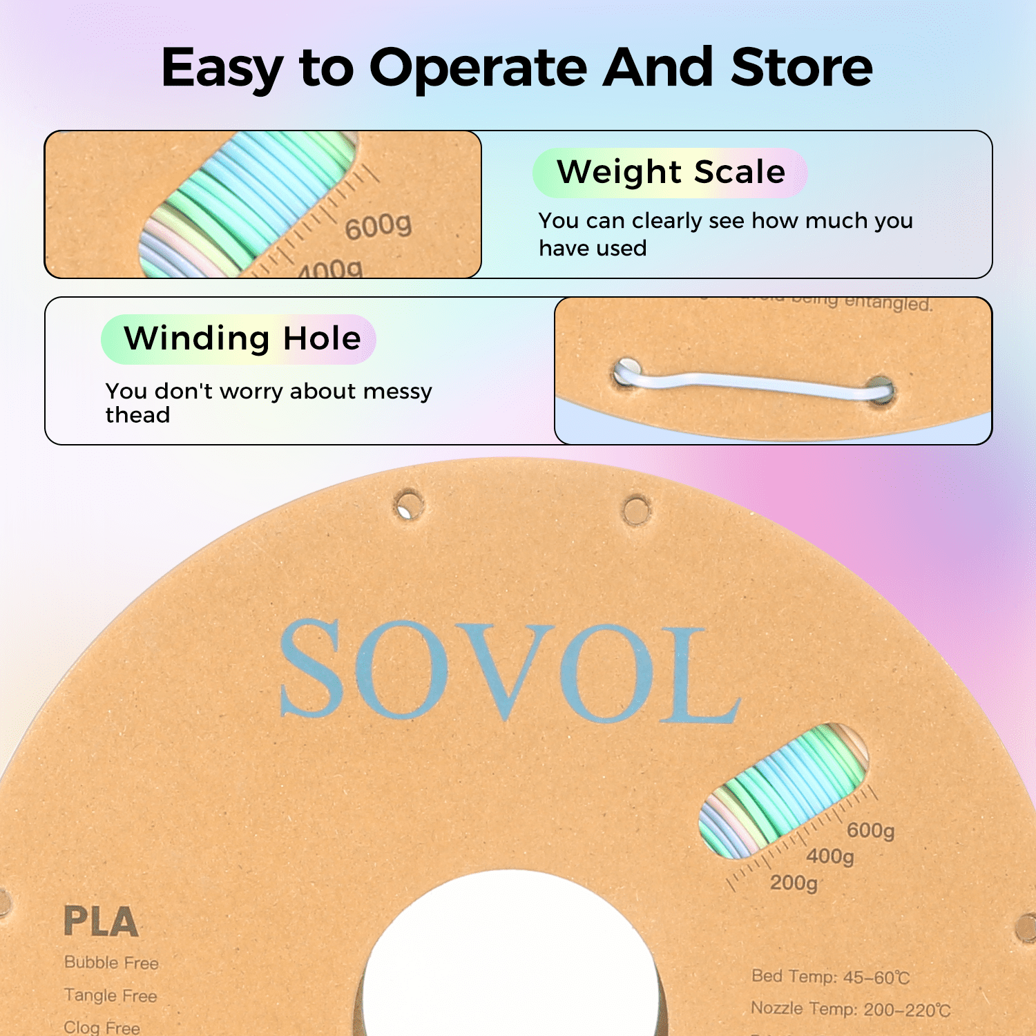 Sovol 3D Printer Matte Multicolored Fast Change Rainbow PLA 1kg (2.2 lbs) Spool 3D Printing Materials, Dimensional Accuracy +/- 0.03 mm, 1.75 mm, Matte Macaron Rainbow