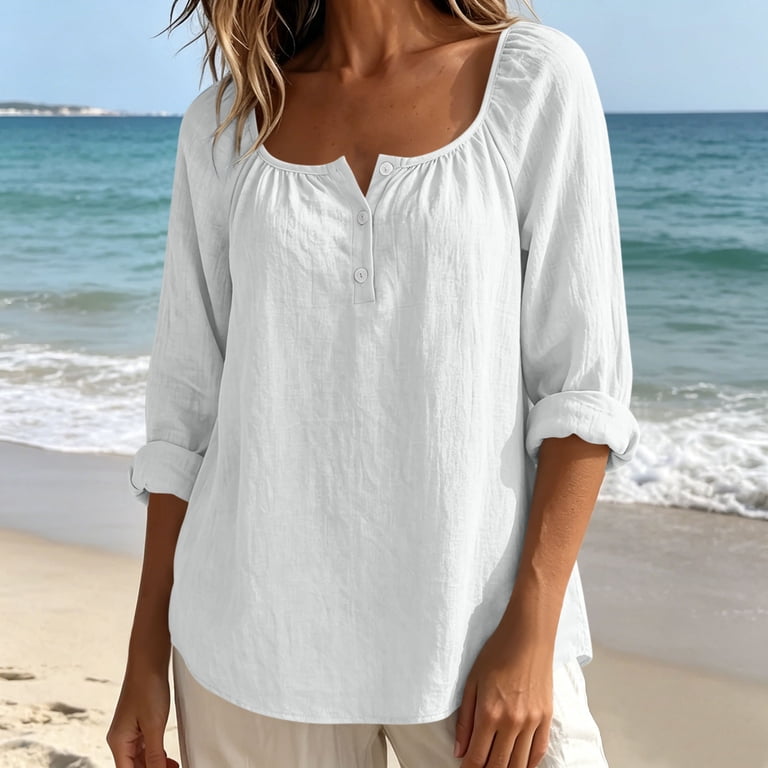 Women Dress Shirts for Work Linen Blouse for Women - Crew Neck Button Front Long Sleeve Tops